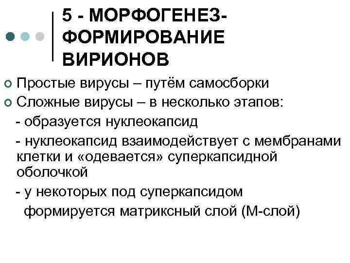 5 - МОРФОГЕНЕЗФОРМИРОВАНИЕ ВИРИОНОВ Простые вирусы – путём самосборки ¢ Сложные вирусы – в