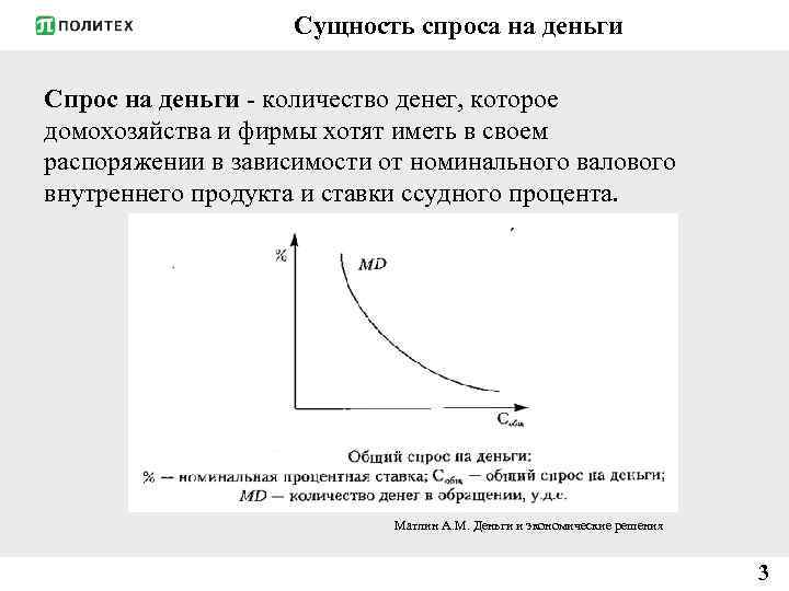 Сущность спроса на деньги Спрос на деньги - количество денег, которое домохозяйства и фирмы