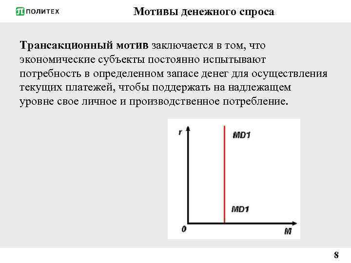 Мотивы денежного спроса Трансакционный мотив заключается в том, что экономические субъекты постоянно испытывают потребность