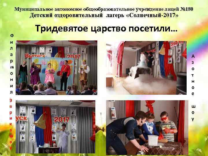 Муниципальное автономное общеобразовательное учреждение лицей № 180 Детский оздоровительный лагерь «Солнечный-2017» Ф и л