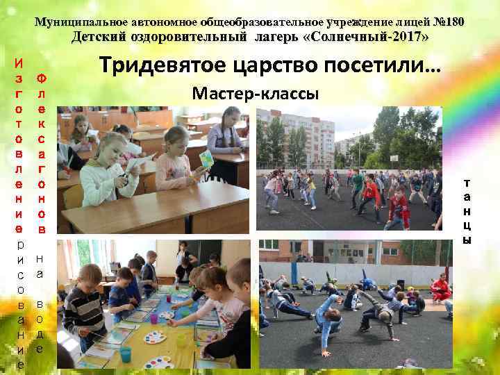 Муниципальное автономное общеобразовательное учреждение лицей № 180 Детский оздоровительный лагерь «Солнечный-2017» И з г