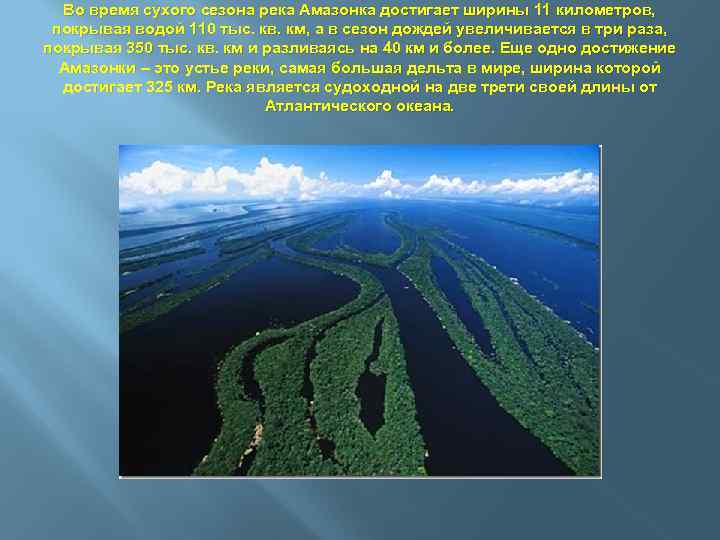 Во время сухого сезона река Амазонка достигает ширины 11 километров, покрывая водой 110 тыс.