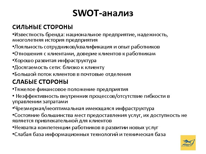 SWOT-анализ СИЛЬНЫЕ СТОРОНЫ • Известность бренда: национальное предприятие, надежность, многолетняя история предприятия • Лояльность