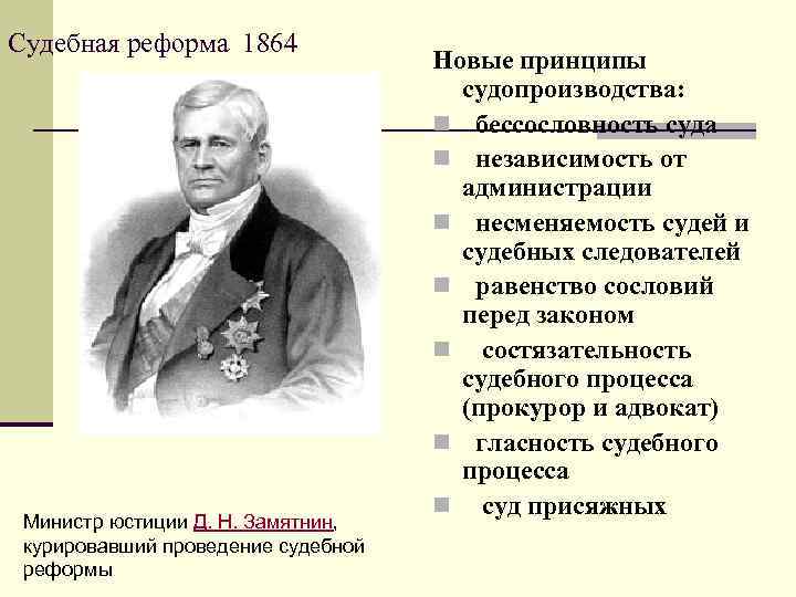 Судебная реформа 1864 Министр юстиции Д. Н. Замятнин, курировавший проведение судебной реформы Новые принципы
