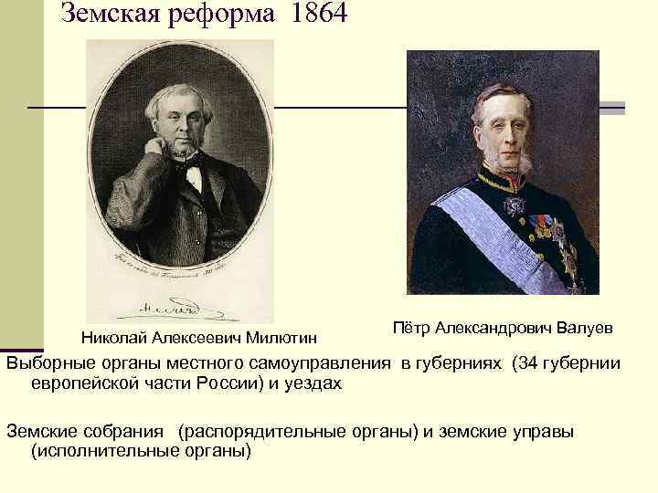 Земская реформа 1864 Николай Алексеевич Милютин Пётр Александрович Валуев Выборные органы местного самоуправления в