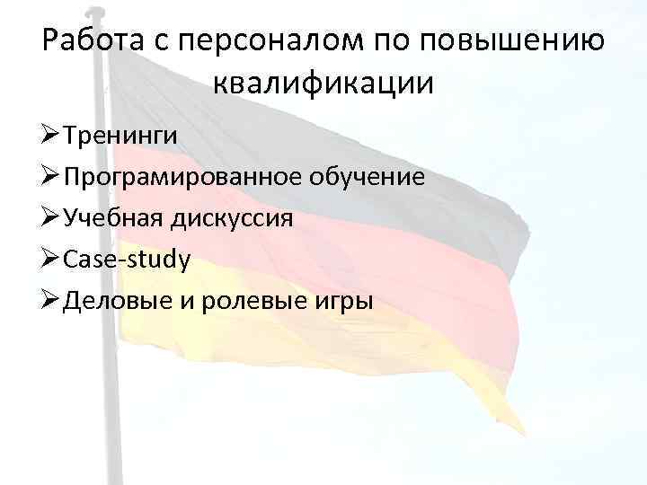Работа с персоналом по повышению квалификации Ø Тренинги Ø Програмированное обучение Ø Учебная дискуссия