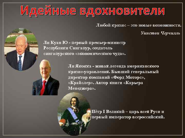 Идейные вдохновители Любой кризис – это новые возможности. Уинстон Черчилль Ли Куан Ю -