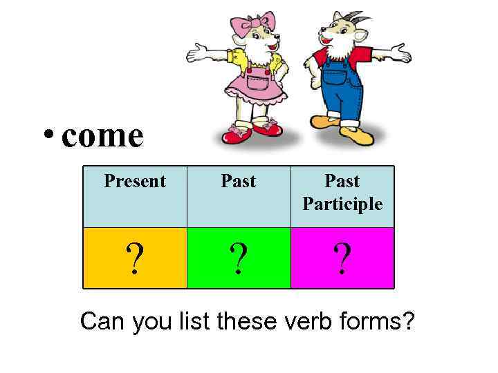  • come Present Past Participle ? ? ? Can you list these verb