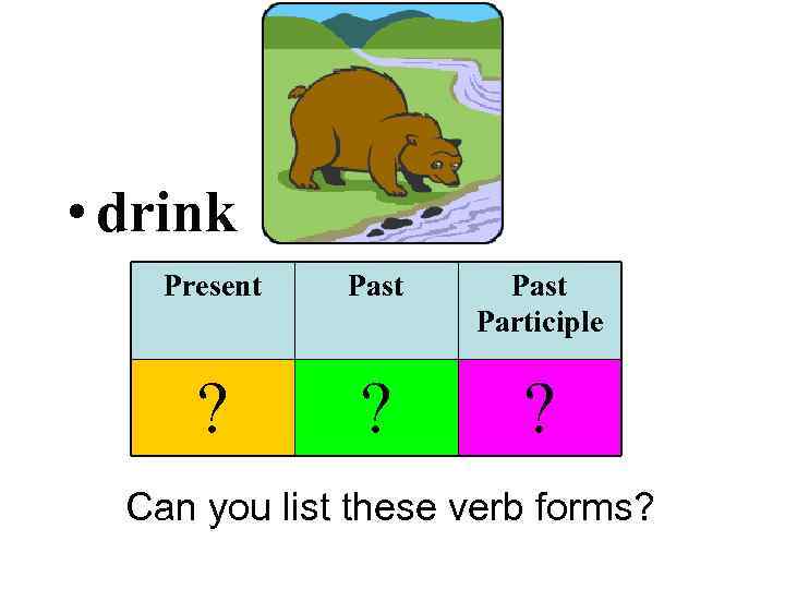  • drink Present Past Participle ? ? ? Can you list these verb