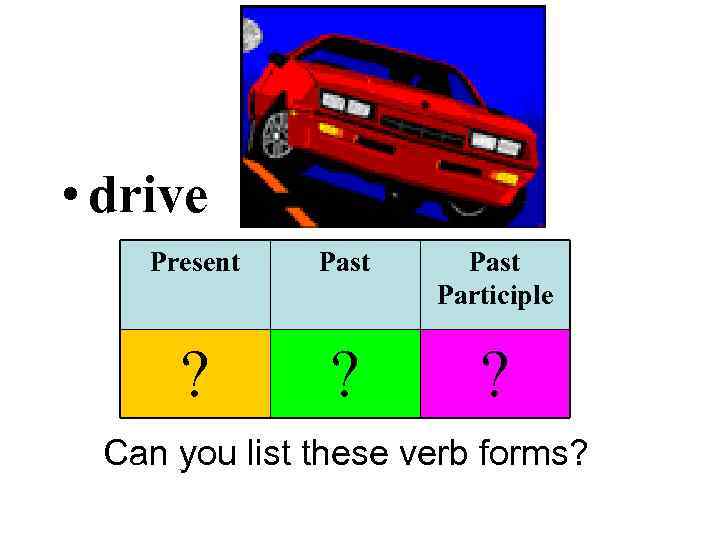  • drive Present Past Participle ? ? ? Can you list these verb