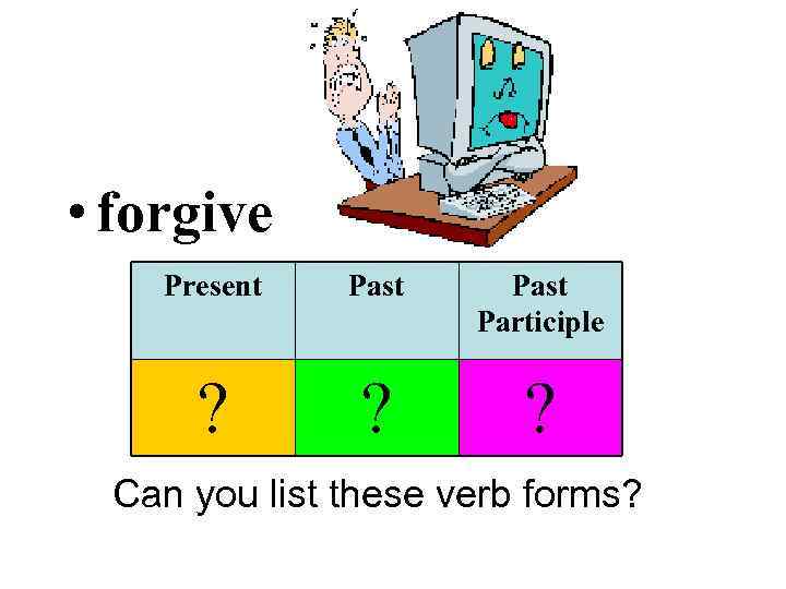  • forgive Present Past Participle ? ? ? Can you list these verb