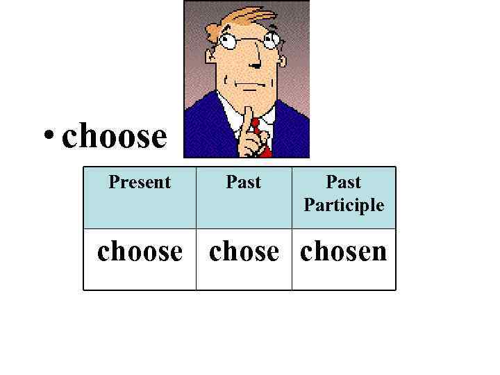  • choose Present Past Participle choose chosen 