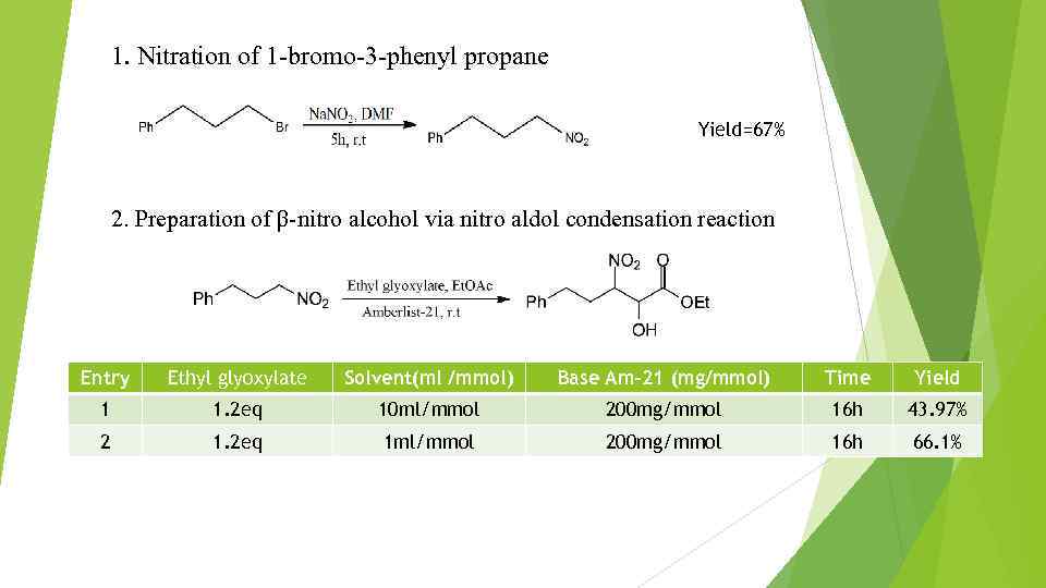 1. Nitration of 1 -bromo-3 -phenyl propane Yield=67% 2. Preparation of β-nitro alcohol via