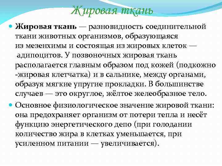Жировая ткань — разновидность соединительной ткани животных организмов, образующаяся из мезенхимы и состоящая из