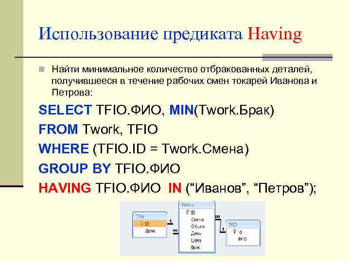 Использование предиката Having n Найти минимальное количество отбракованных деталей, получившееся в течение рабочих смен