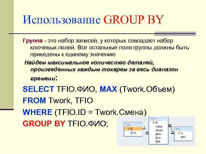 Использование GROUP BY Группа - это набор записей, у которых совпадает набор ключевых полей.