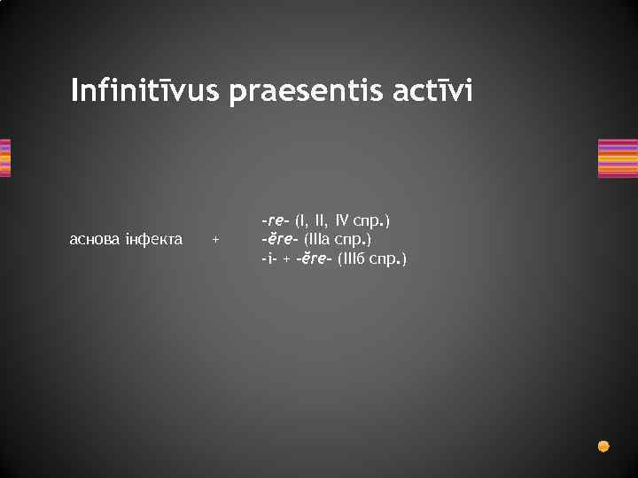 Infinitīvus praesentis actīvi аснова інфекта + -re- (I, IV спр. ) -ĕre- (IIIа спр.