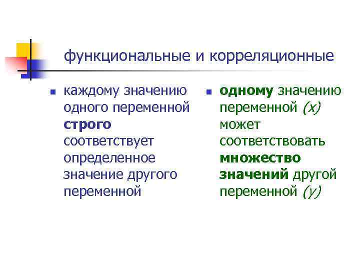 функциональные и корреляционные n каждому значению одного переменной строго соответствует определенное значение другого переменной