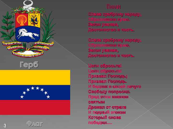 Гимн Слава храброму народу, Сбросившим ярмо. Закон уважая, Достоинство и честь. Герб 3 Флаг