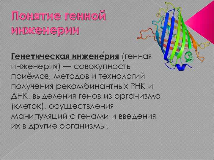 Понятие генной инженерии Генетическая инжене рия (генная инженерия) — совокупность приёмов, методов и технологий
