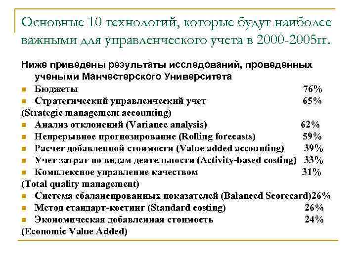 Основные 10 технологий, которые будут наиболее важными для управленческого учета в 2000 -2005 гг.