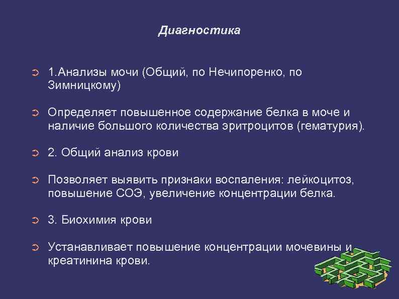 Диагностика ➲ 1. Анализы мочи (Общий, по Нечипоренко, по Зимницкому) ➲ Определяет повышенное содержание