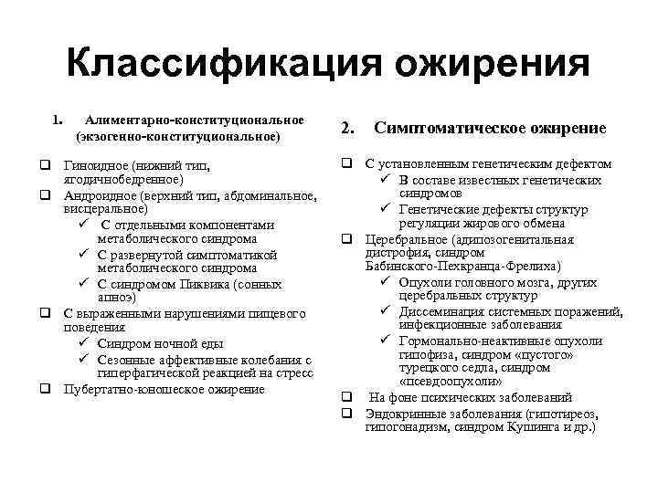 Классификация ожирения 1. Алиментарно-конституциональное (экзогенно-конституциональное) q Гиноидное (нижний тип, ягодичнобедренное) q Андроидное (верхний тип,