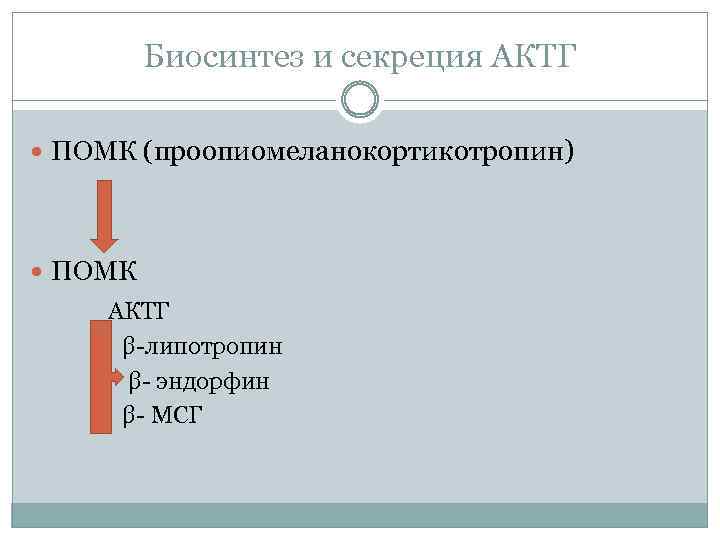 Биосинтез и секреция АКТГ ПОМК (проопиомеланокортикотропин) ПОМК АКТГ β-липотропин β- эндорфин β- МСГ 