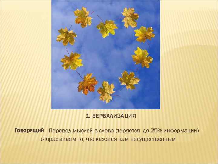 1. ВЕРБАЛИЗАЦИЯ Говорящий - Перевод мыслей в слова (теряется до 25% информации) отбрасываем то,