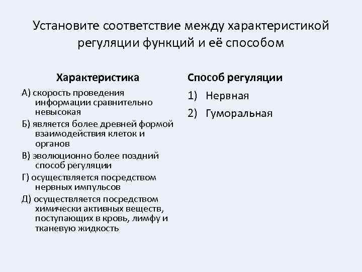 Установите соответствие между характеристикой регуляции функций и её способом Характеристика А) скорость проведения информации