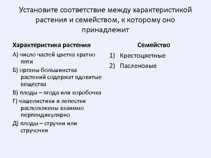 Установите соответствие между описанием. Установите соответствие между характеристикой семейства и растения. Установите соответствие между растениями и признаками. Установите соответствие между характеристиками. Установите соответствие между растениями.