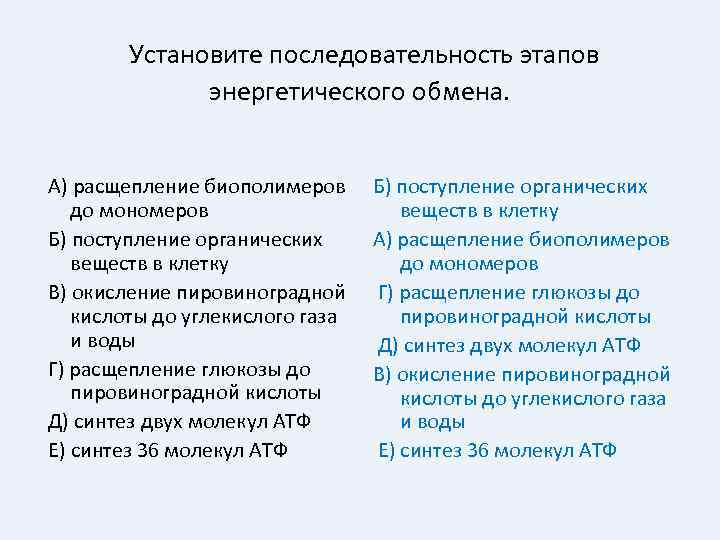 Установите последовательность этапов энергетического обмена. А) расщепление биополимеров до мономеров Б) поступление органических веществ