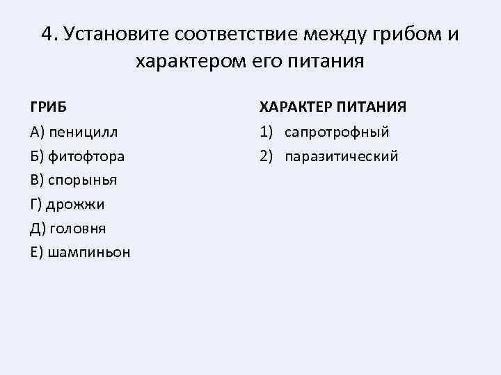 4. Установите соответствие между грибом и характером его питания ГРИБ ХАРАКТЕР ПИТАНИЯ А) пеницилл