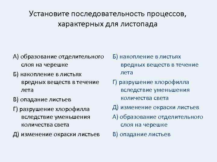 Установите последовательность процессов, характерных для листопада А) образование отделительного слоя на черешке Б) накопление