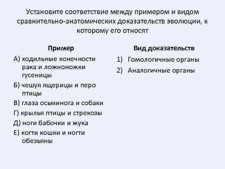 Установите соответствие между примером и видом сравнительно-анатомических доказательств эволюции, к которому его относят Пример