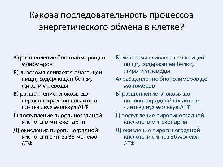 Какова последовательность процессов энергетического обмена в клетке? А) расщепление биополимеров до мономеров Б) лизосома