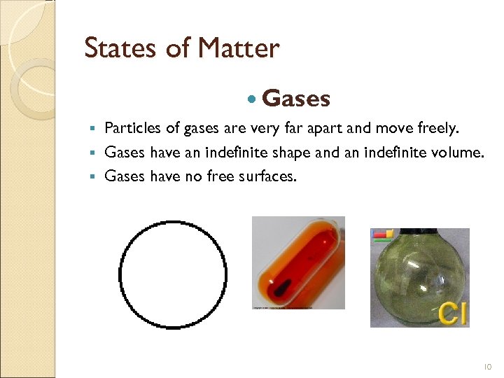 States of Matter Gases Particles of gases are very far apart and move freely.