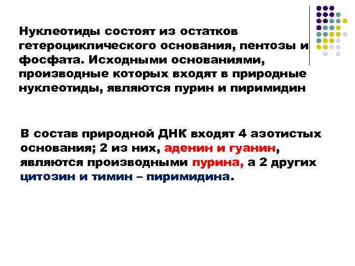 Нуклеотиды состоят из остатков гетероциклического основания, пентозы и фосфата. Исходными основаниями, производные которых входят