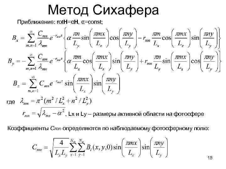 Метод Сихафера Приближение: rot. H=αH, α=const; где , Lx и Ly – размеры активной