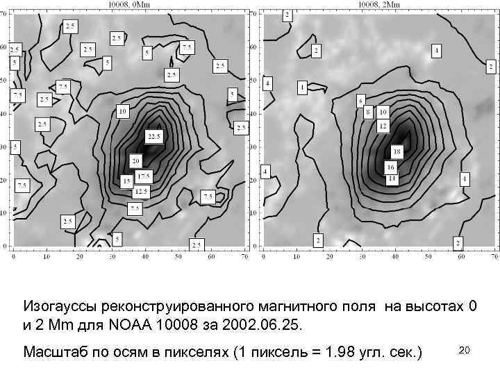 Изогауссы реконструированного магнитного поля на высотах 0 и 2 Mm для NOAA 10008 за