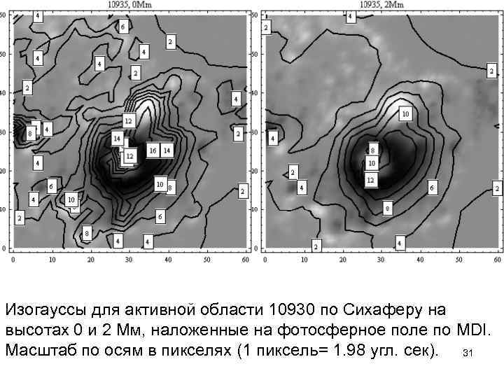  Изогауссы для активной области 10930 по Сихаферу на высотах 0 и 2 Мм,