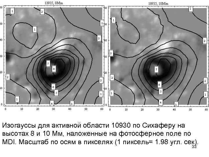  Изогауссы для активной области 10930 по Сихаферу на высотах 8 и 10 Мм,