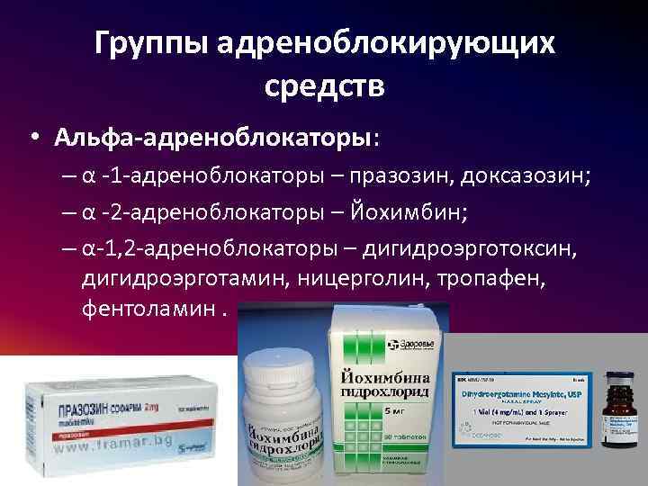 Группы адреноблокирующих средств • Альфа-адреноблокаторы: – α -1 -адреноблокаторы – празозин, доксазозин; – α