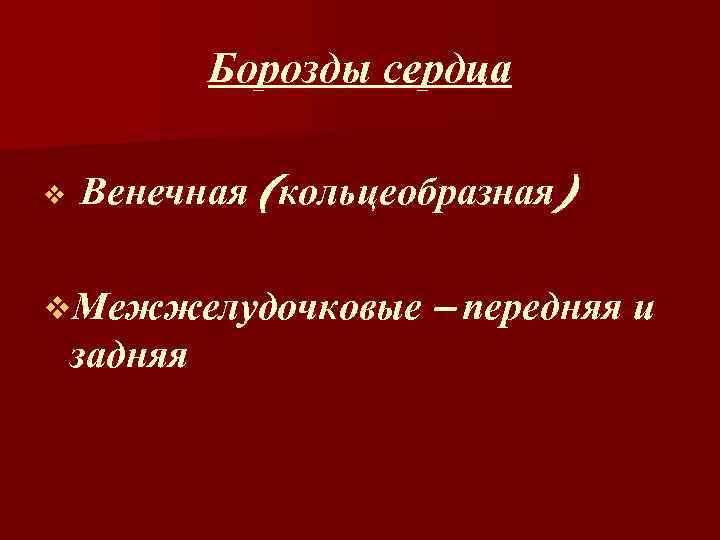 Борозды сердца v Венечная (кольцеобразная) v. Межжелудочковые – передняя и задняя 