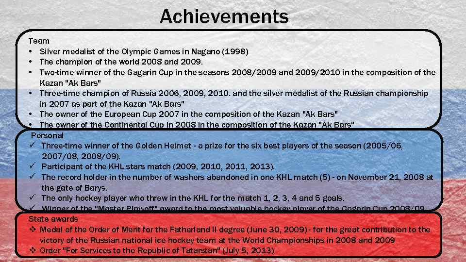 Achievements Team • Silver medalist of the Olympic Games in Nagano (1998) • The