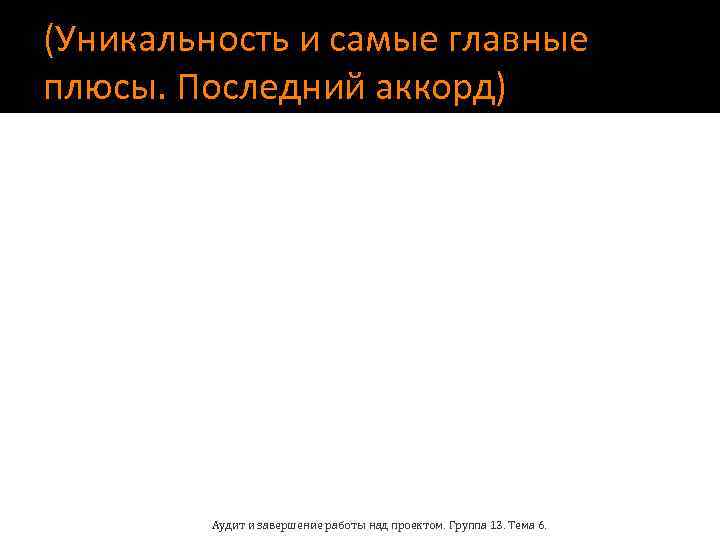 (Уникальность и самые главные плюсы. Последний аккорд) Аудит и завершение работы над проектом. Группа