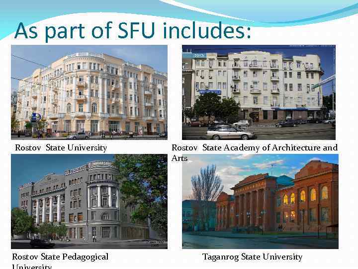 As part of SFU includes: Rostov State University Rostov State Academy of Architecture and