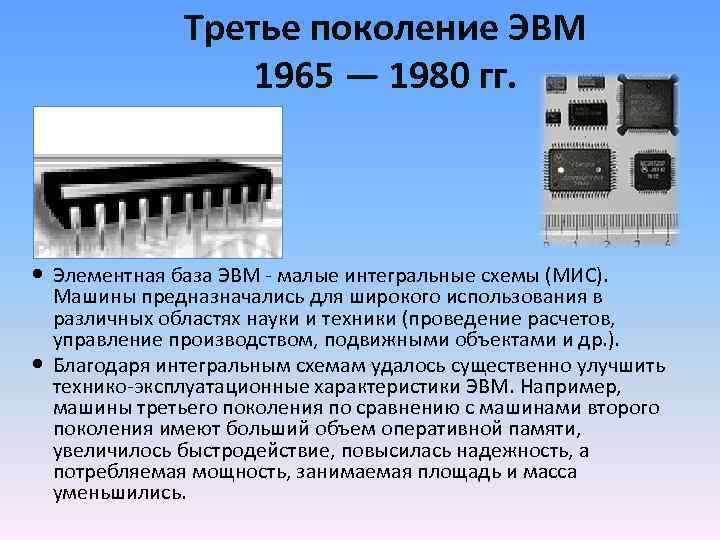 Интегральных схемах эвм. Третье поколение – Интегральные схемы(1965-1980 г.г.). Поколение ЭВМ 3 поколение элементная база. Третье поколение поколение ЭВМ IBM—360,. ЭВМ третьего поколения (1965-1980)..