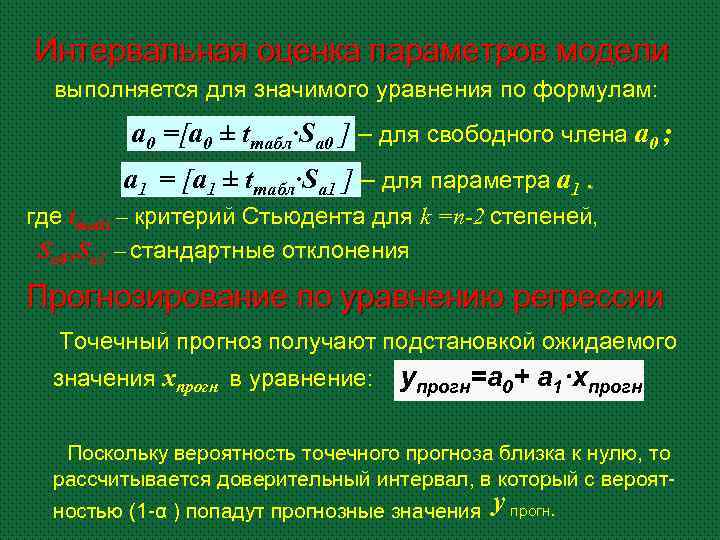 Интервальная оценка параметров модели выполняется для значимого уравнения по формулам: a 0 =[a 0