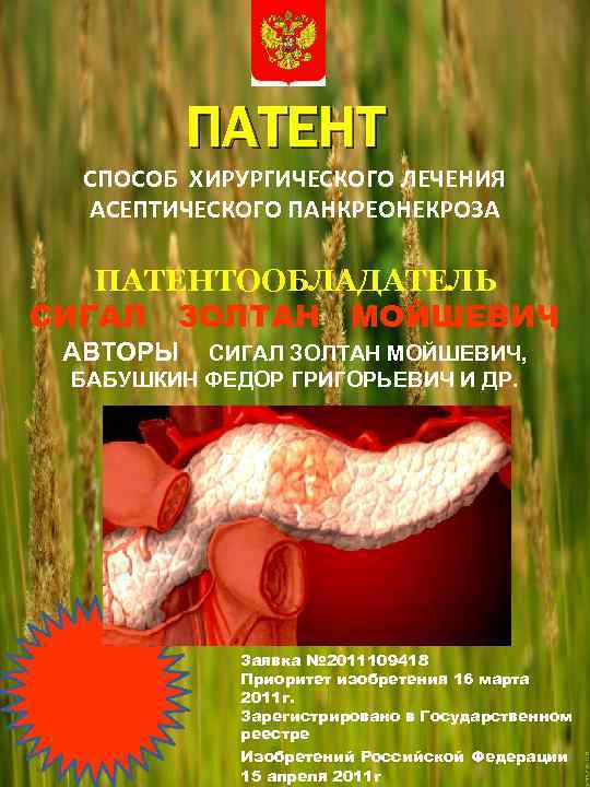 ПАТЕНТ СПОСОБ ХИРУРГИЧЕСКОГО ЛЕЧЕНИЯ АСЕПТИЧЕСКОГО ПАНКРЕОНЕКРОЗА ПАТЕНТООБЛАДАТЕЛЬ СИГАЛ ЗОЛТАН МОЙШЕВИЧ АВТОРЫ СИГАЛ ЗОЛТАН МОЙШЕВИЧ,